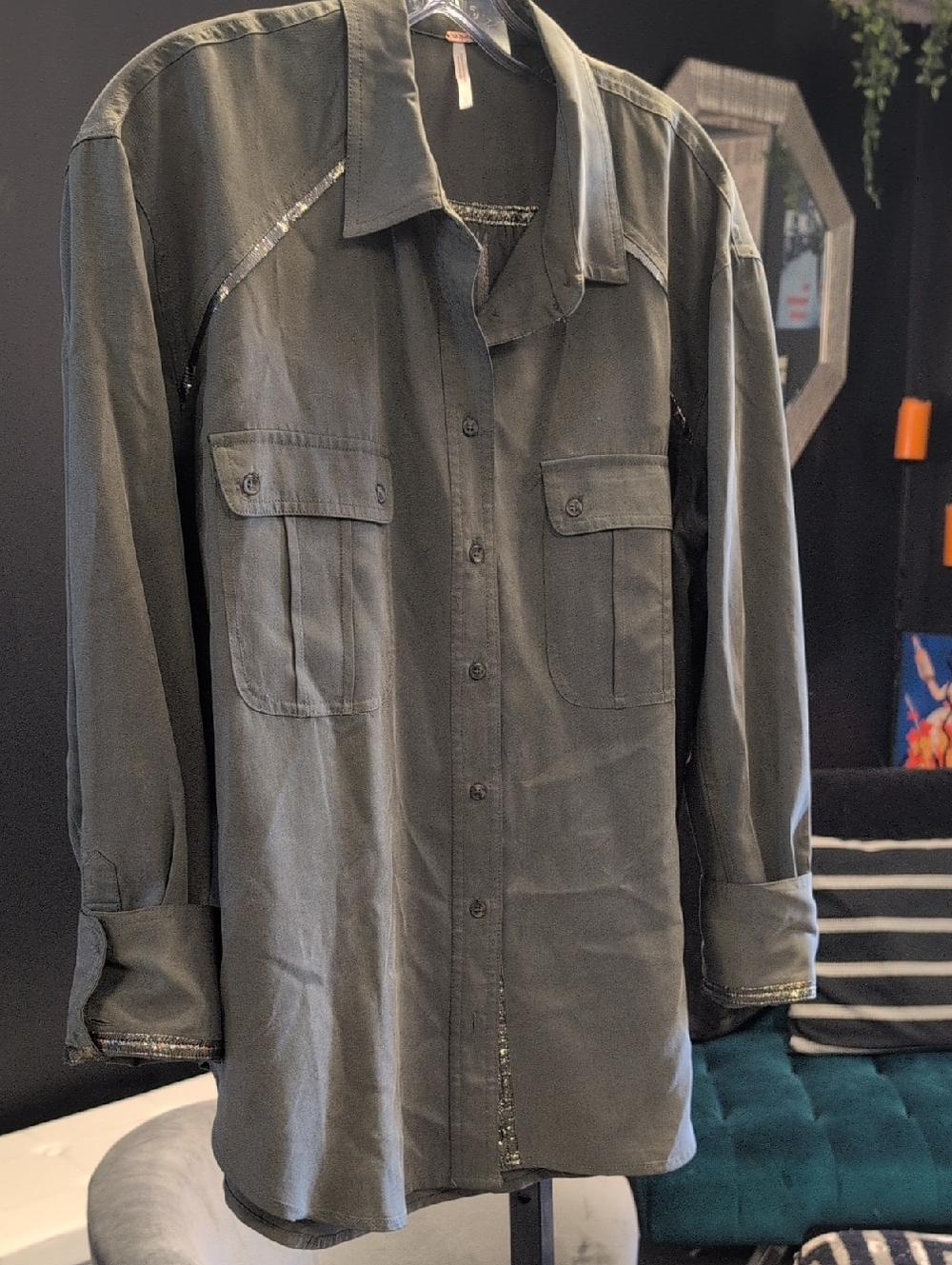 Free People Olive Green Top with Metal Logo Tag